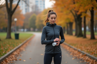 Jeune femme en course dans un parc automnal