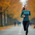 Femme courant à allure d'endurance fondamentale sur un chemin de parc en automne, montre GPS au poignet