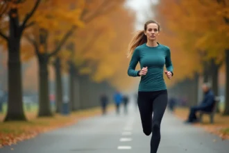 Femme courant à allure d'endurance fondamentale sur un chemin de parc en automne, montre GPS au poignet