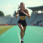 Femme sportive courant sur une piste verte en extérieur