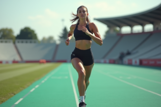 Femme sportive courant sur une piste verte en extérieur
