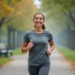 Femme en tenue de sport s'étire dans un parc urbain au matin