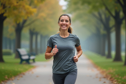 Femme en tenue de sport s'étire dans un parc urbain au matin