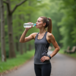 Jeune femme sportive buvant une boisson isotonique en plein air