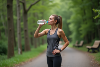 Jeune femme sportive buvant une boisson isotonique en plein air