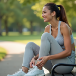 Jeune femme en tenue de sport se détendant dans un parc