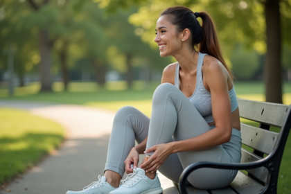 Jeune femme en tenue de sport se détendant dans un parc