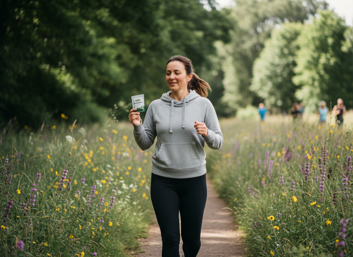 Femme sportive court dans un parc avec un sachet d