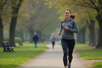 Femme d'âge moyen courant dans un parc urbain