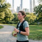 Femme sportive en pleine course dans un parc urbain