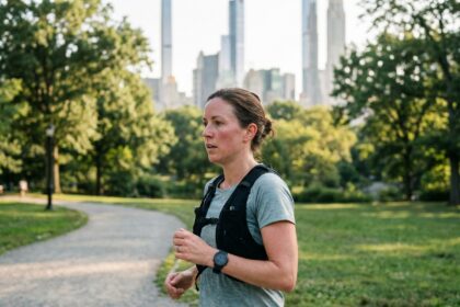 Femme sportive en pleine course dans un parc urbain