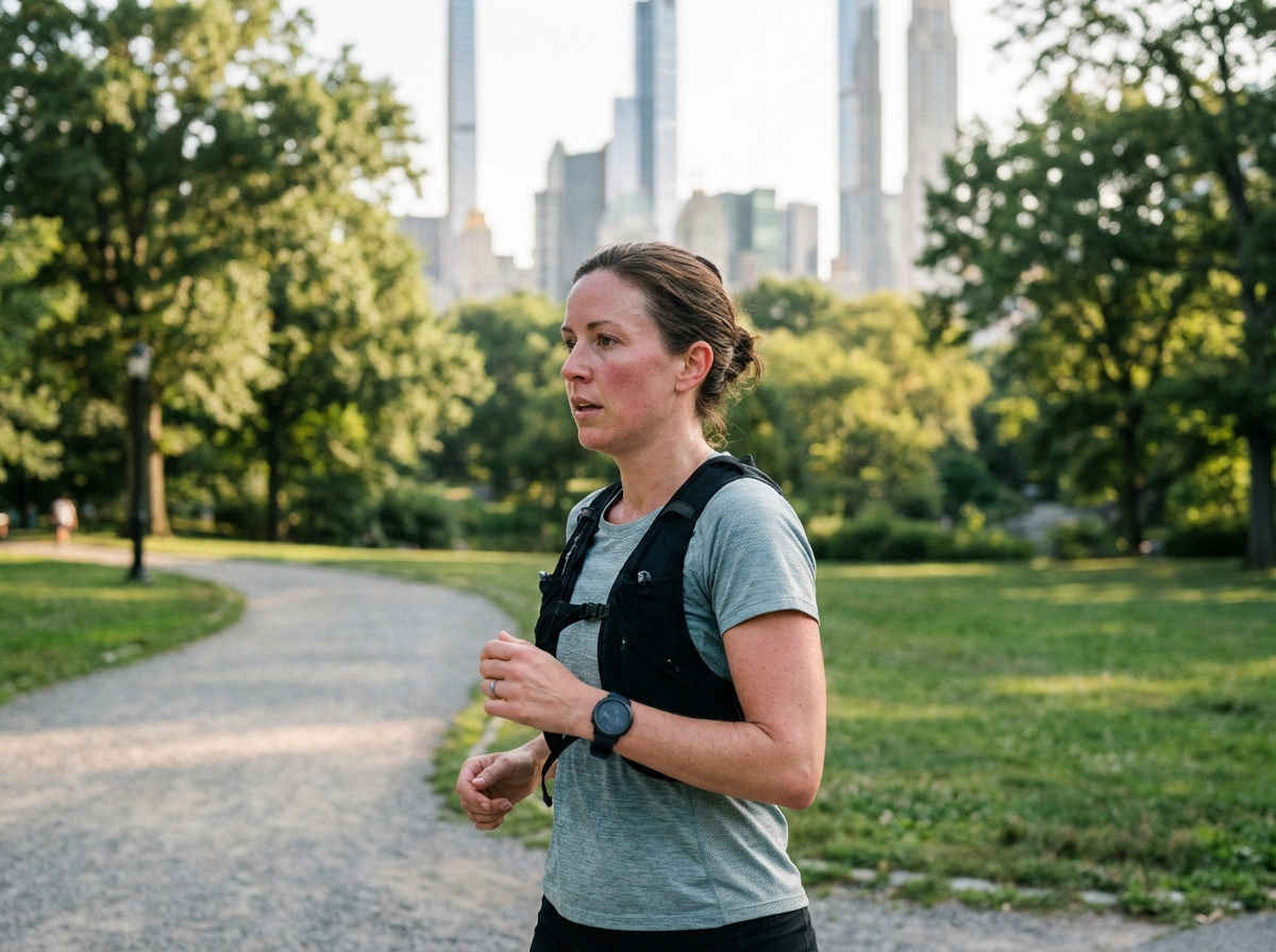 Femme sportive en pleine course dans un parc urbain