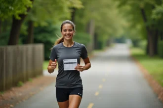 Femme en course avec un tableau de rythme dans un parc