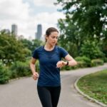 Femme sportive courant en ville en regardant sa montre connectée