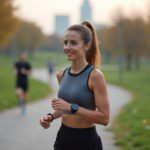 Femme en tenue de sport vérifiant sa smartwatch lors d'une course