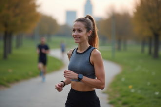 Femme en tenue de sport vérifiant sa smartwatch lors d'une course