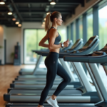 Femme en sportwear courant sur un tapis de course dans une salle moderne
