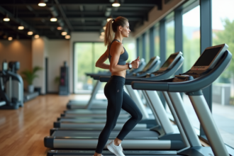 Femme en sportwear courant sur un tapis de course dans une salle moderne
