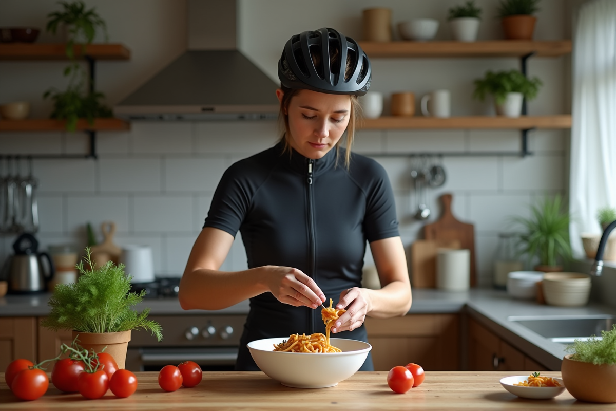 Femme cycliste préparant un plat de pâtes dans une cuisine moderne
