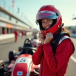 Jeune femme en combinaison de pilote souriante à côté d'un kart de course lors d'un événement automobile pour débutants