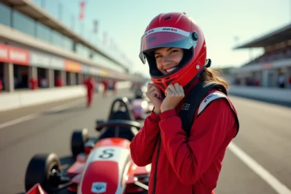 Jeune femme en combinaison de pilote souriante à côté d'un kart de course lors d'un événement automobile pour débutants