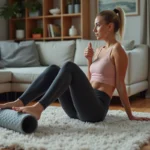 Femme utilisant un rouleau de mousse dans un salon moderne