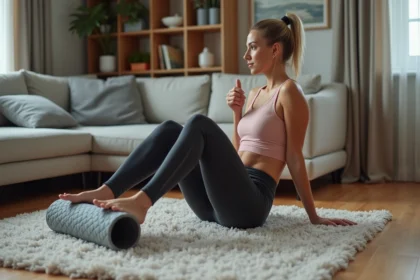 Femme utilisant un rouleau de mousse dans un salon moderne
