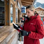 Femme examinant un reçu de forfait de ski à un guichet de station de montagne à Tignes