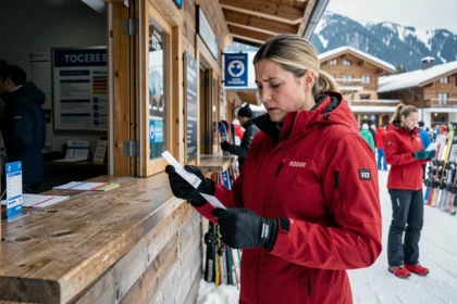 Femme examinant un reçu de forfait de ski à un guichet de station de montagne à Tignes