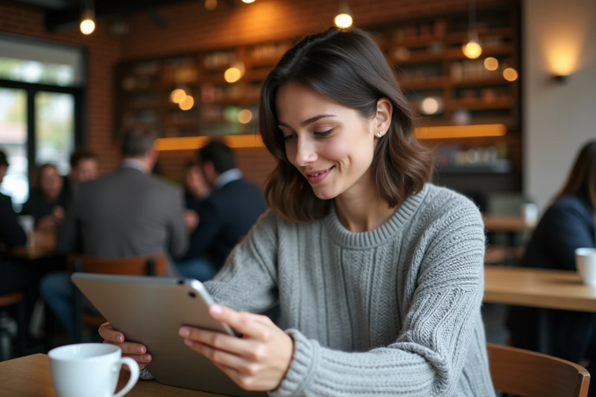 Femme explorant les catégories d'un forum de supporters de football sur une tablette dans un café