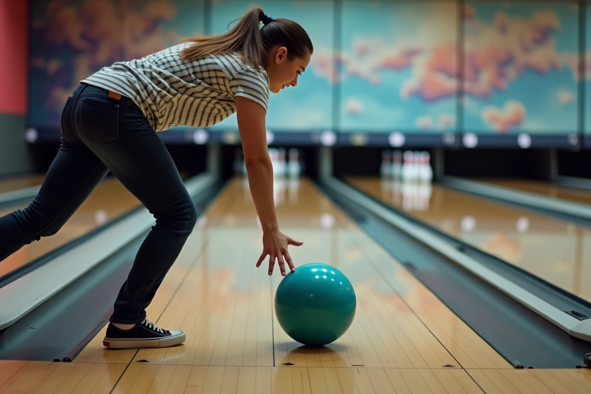 Femme lançant une boule de bowling turquoise sur une piste en bois verni
