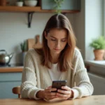 Femme d'âge moyen lisant sur son smartphone dans la cuisine
