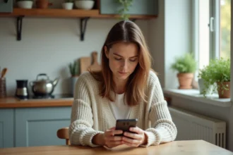 Femme d'âge moyen lisant sur son smartphone dans la cuisine