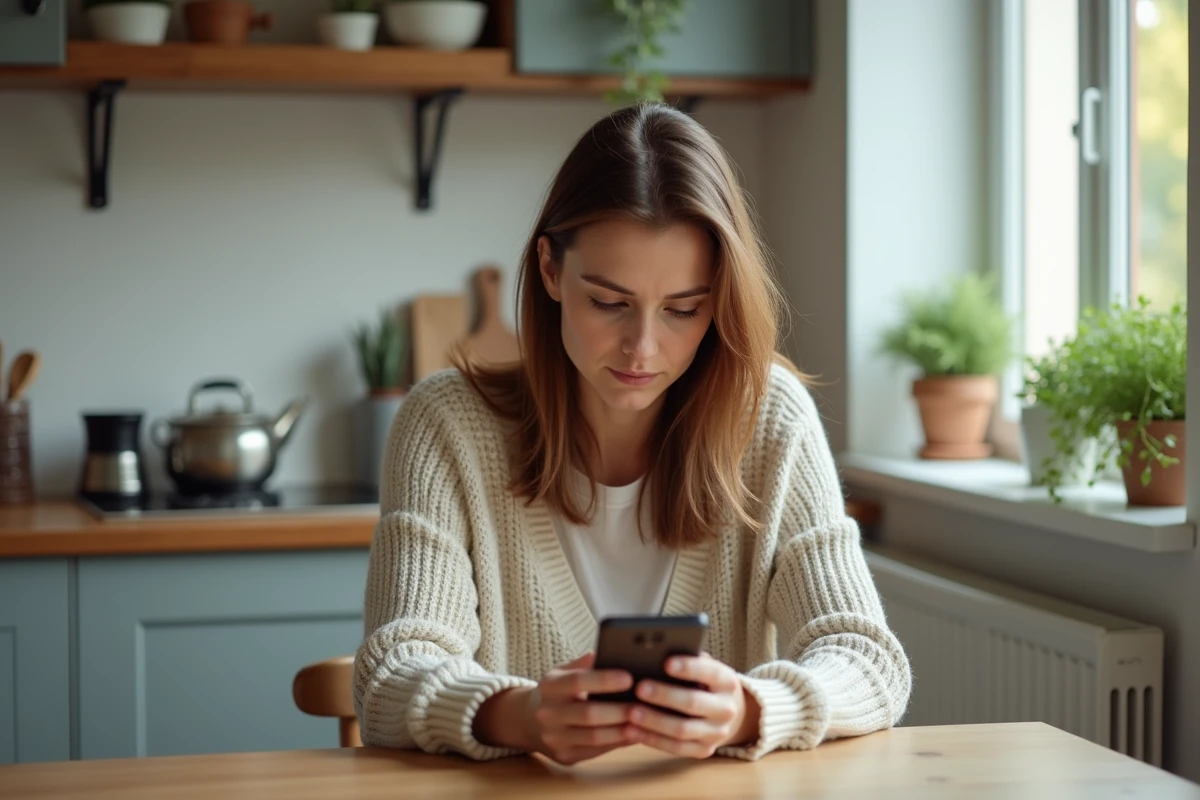 Femme d'âge moyen lisant sur son smartphone dans la cuisine