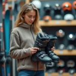 Jeune femme examinant des chaussures de ski dans un magasin de location d'équipement pour débutants