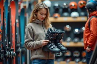 Jeune femme examinant des chaussures de ski dans un magasin de location d'équipement pour débutants