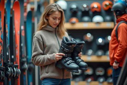 Jeune femme examinant des chaussures de ski dans un magasin de location d'équipement pour débutants