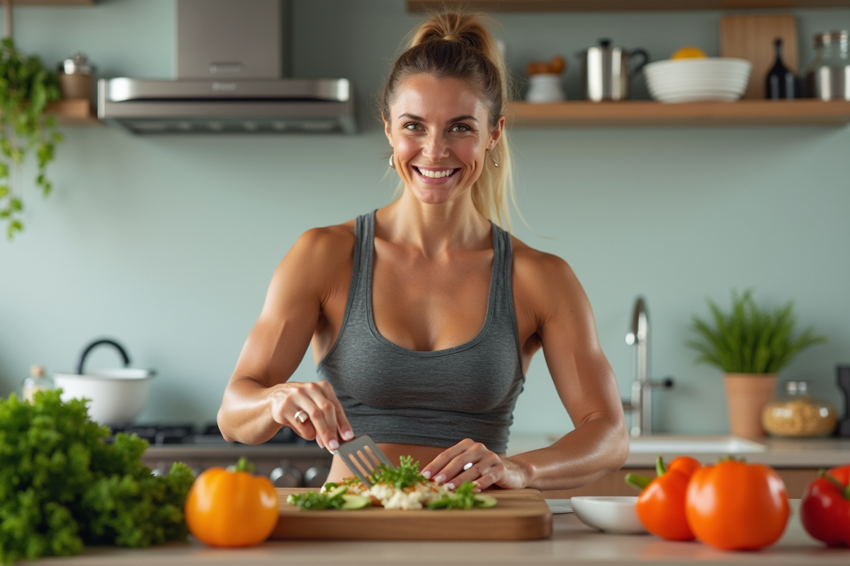 Femme préparant un repas riche en protéines dans une cuisine lumineuse