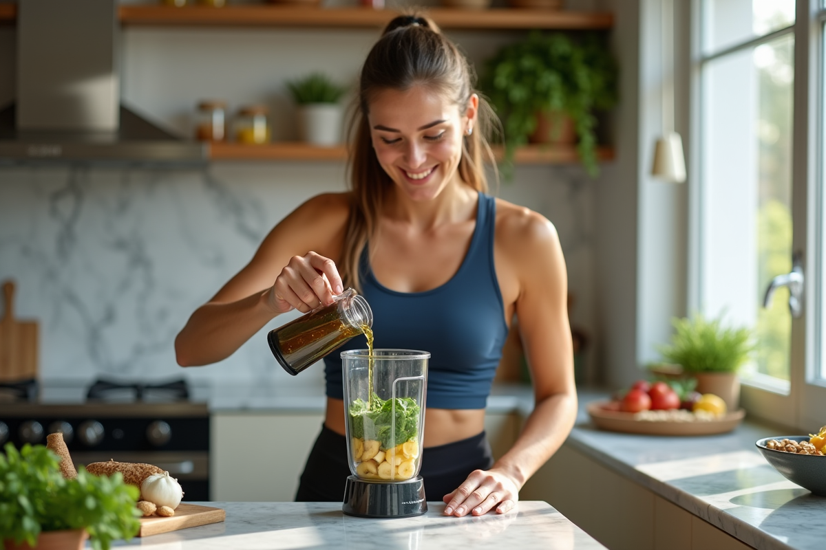 Femme préparant un smoothie dans une cuisine lumineuse