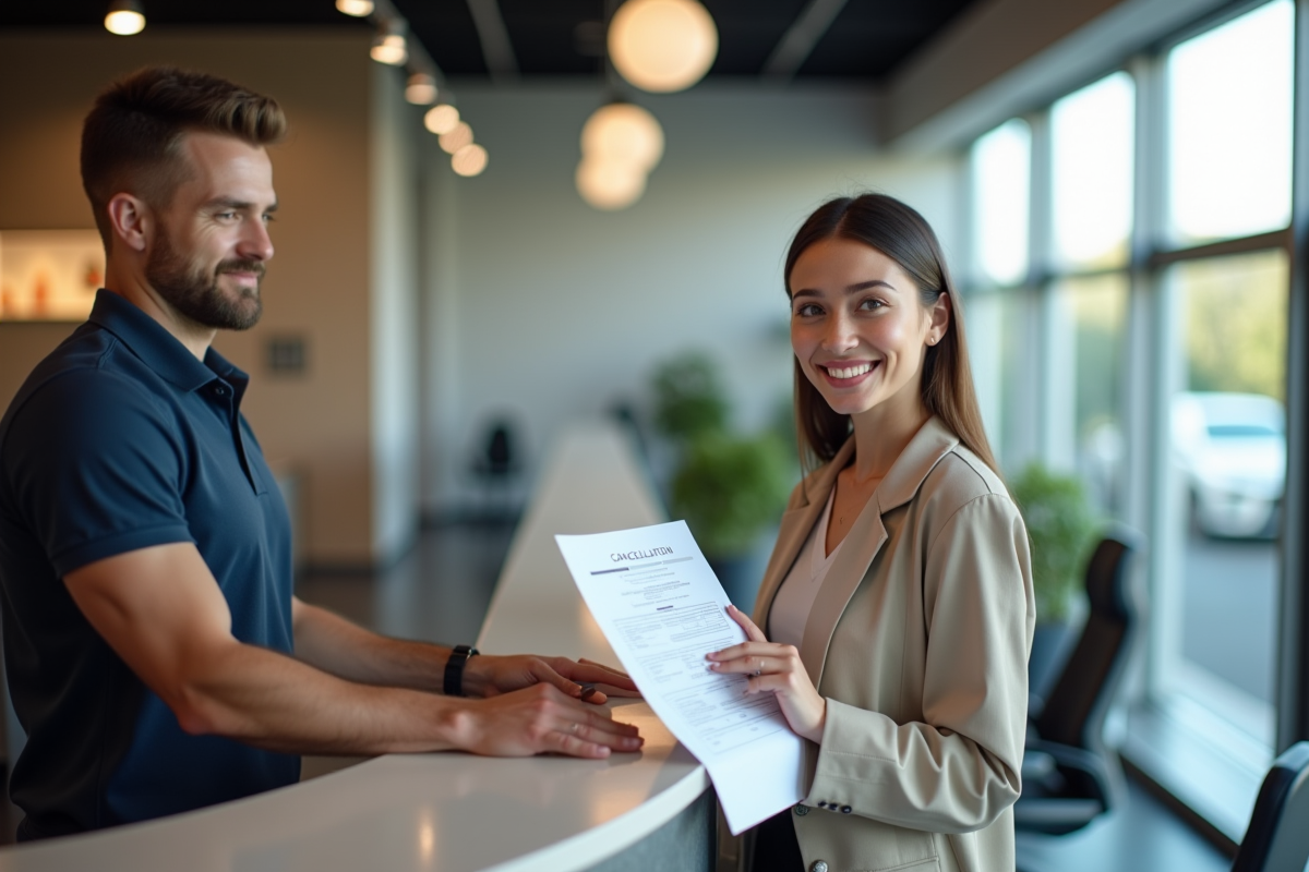 Jeune femme souriante à la réception d'une salle de sport moderne