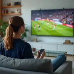 Femme regardant un match de football en direct à la télévision depuis son salon, avec smartphone affichant une application sportive