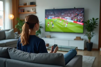 Femme regardant un match de football en direct à la télévision depuis son salon, avec smartphone affichant une application sportive