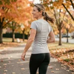 Femme de 40 ans marchant sur un sentier de parc en automne, portant une tenue de sport légère, illustrant une reprise douce de l'activité physique avec Sportrip