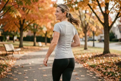Femme de 40 ans marchant sur un sentier de parc en automne, portant une tenue de sport légère, illustrant une reprise douce de l'activité physique avec Sportrip