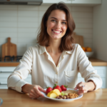 Jeune femme préparant un snack de fruits colorés dans la cuisine