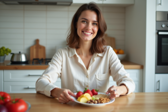 Jeune femme préparant un snack de fruits colorés dans la cuisine