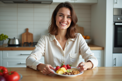 Jeune femme préparant un snack de fruits colorés dans la cuisine