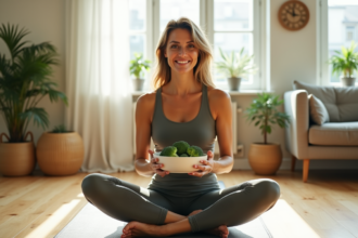 Femme sportive tenant un bol de brocoli dans un appartement lumineux