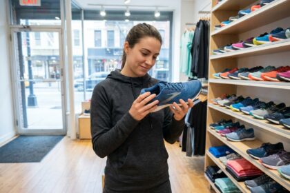 Jeune femme sportive inspectant une chaussure de course en magasin