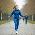 Femme en tenue de sport sautant à la corde dans un parc urbain